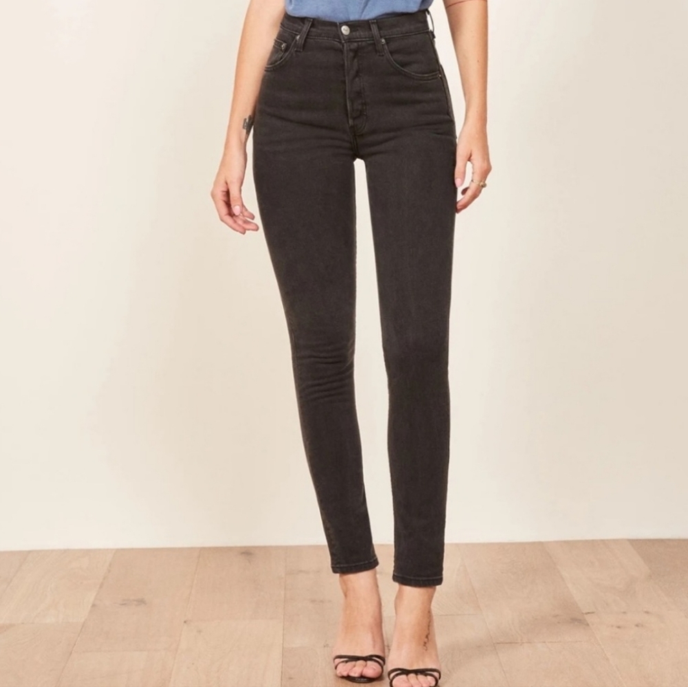 Reformation Jeans Serena High Button Fly Black Wash Skinny Jeans